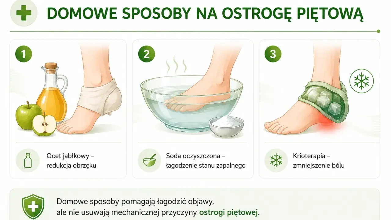 Domowe sposoby na ostrogę piętową: okład z octu jabłkowego, kąpiel z sodą oczyszczoną, krioterapia. Łagodzą objawy, nie usuwają przyczyny.