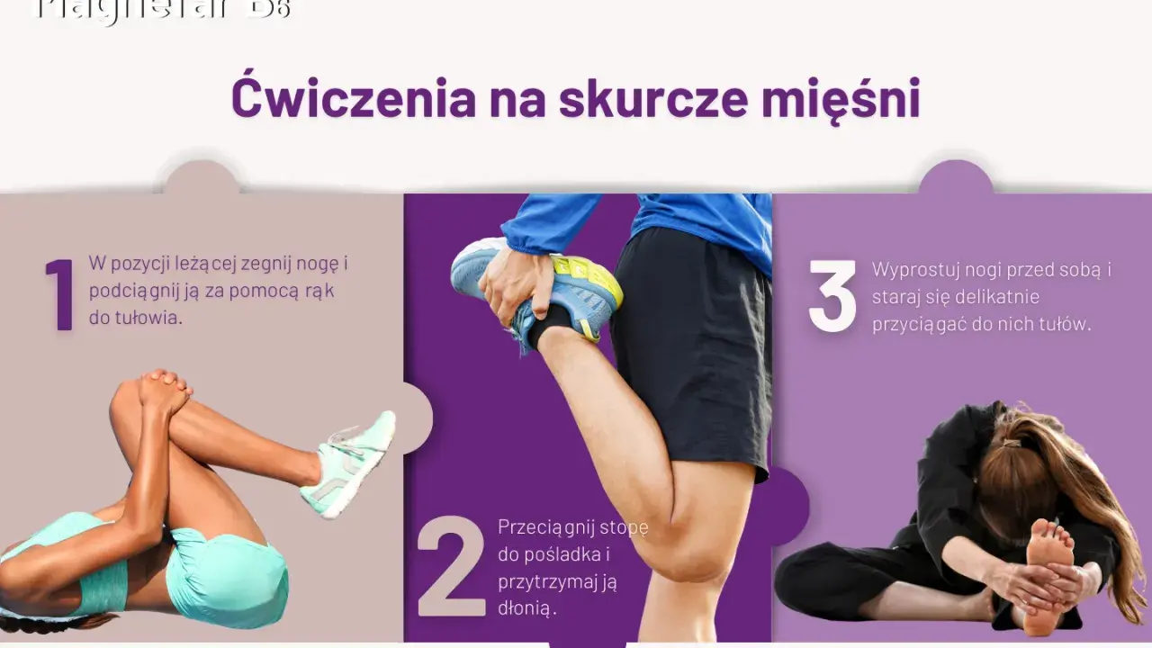 Ćwiczenia na skurcze łydek: leżąc, podciągnij nogę do tułowia, przyciągnij stopę do pośladka, a następnie wyprostuj nogi i pochyl się do przodu.