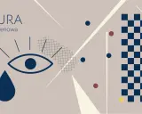 Abstrakcyjny obraz z okiem i łzą, symbolizujący migrenę z aurą. Tekst "AURA migrenowa" podkreśla temat.