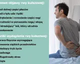 Mężczyzna z bólem pleców, doświadczający typowych objawów rwy kulszowej: bólu dolnej części pleców, uda, łydki, drętwienia, mrowienia i trudności w poruszaniu.
