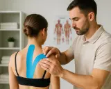 Fizjoterapeuta pokazuje pacjentce, jak odkleić tejpy z ramienia.