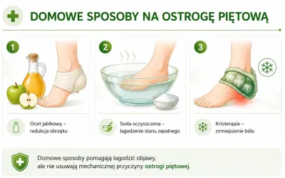 Domowe sposoby na ostrogę piętową: okład z octu jabłkowego, kąpiel z sodą oczyszczoną, krioterapia. Łagodzą objawy, nie usuwają przyczyny.