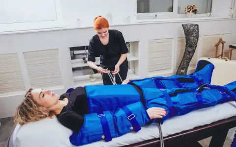 Kobieta w salonie piękności poddawana zabiegowi, który wyjaśnia, co to jest drenaż limfatyczny. Terapeuta przygotowuje urządzenie do masażu uciskowego.