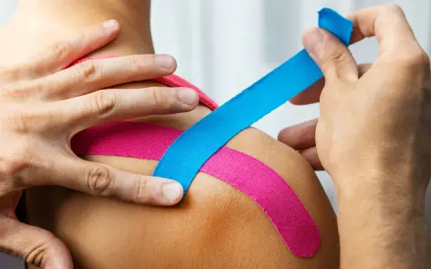 Aplikacja kinesiotapingu. Różowe i niebieskie plastry na ramieniu. Kinesiotaping co oznaczają kolory?