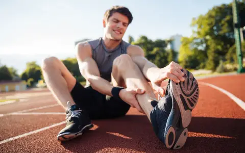 Zawodnik na bieżni z bólem nogi, potrzebuje fizjoterapii sportowej.