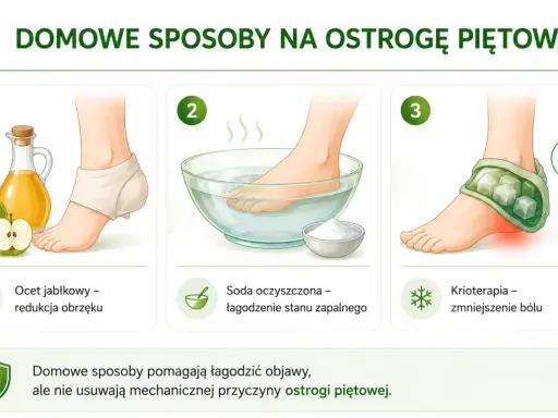 Domowe sposoby na ostrogę piętową: okład z octu jabłkowego, kąpiel z sodą oczyszczoną, krioterapia. Łagodzą objawy, nie usuwają przyczyny.