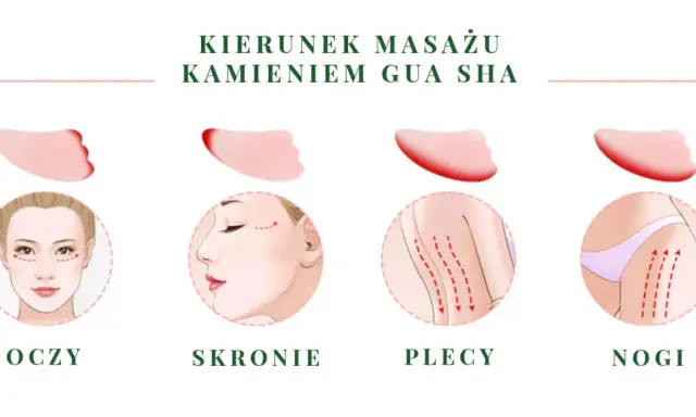 Ilustracja pokazuje kierunki masażu kamieniem gua sha na oczy, skronie, plecy i nogi.