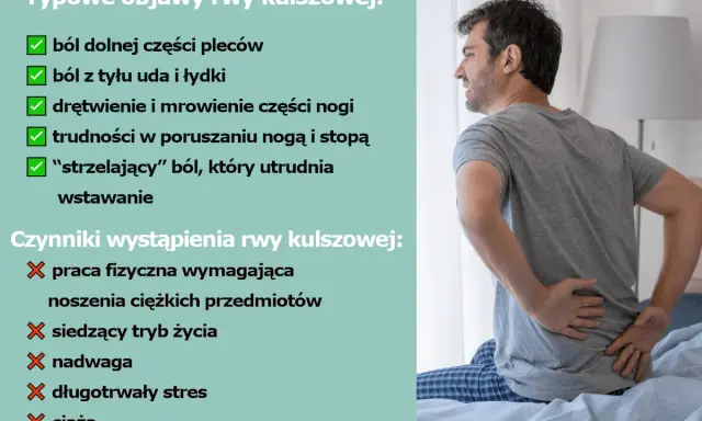 Mężczyzna z bólem pleców, doświadczający typowych objawów rwy kulszowej: bólu dolnej części pleców, uda, łydki, drętwienia, mrowienia i trudności w poruszaniu.