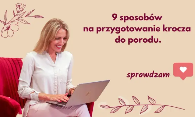 Kobieta na laptopie szuka informacji o tym, od kiedy zacząć masaż krocza. 9 sposobów na przygotowanie krocza do porodu.