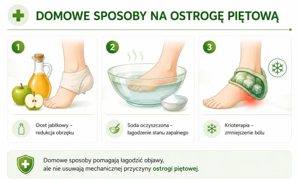 Domowe sposoby na ostrogę piętową: okład z octu jabłkowego, kąpiel z sodą oczyszczoną, krioterapia. Łagodzą objawy, nie usuwają przyczyny.