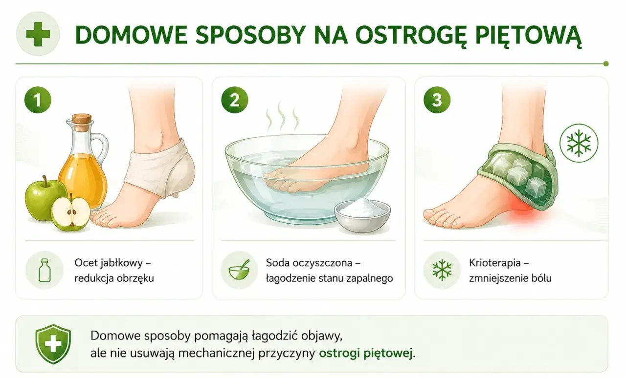Domowe sposoby na ostrogę piętową: okład z octu jabłkowego, kąpiel z sodą oczyszczoną, krioterapia. Łagodzą objawy, nie usuwają przyczyny.