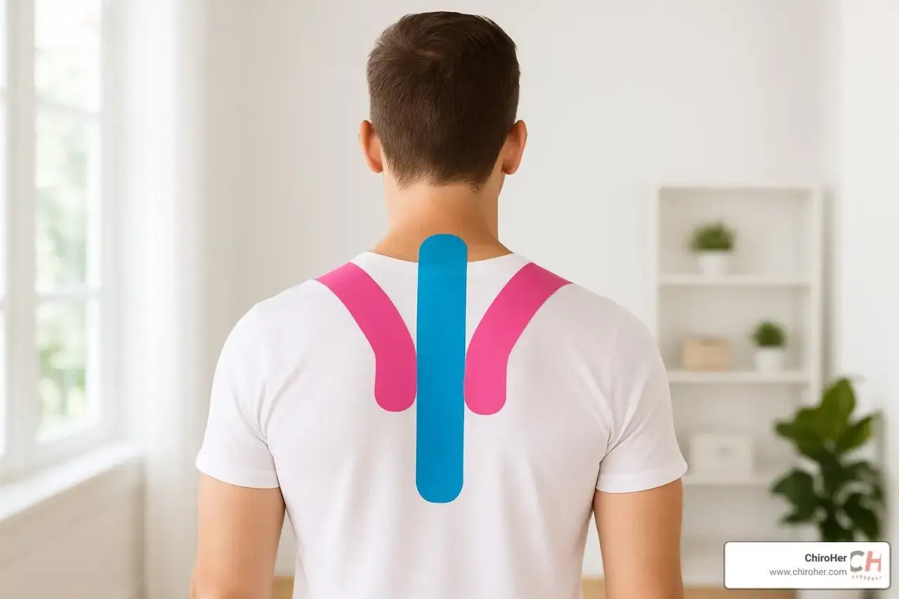 Kinesiotaping wdowi garb: niebieska taśma na kręgosłupie i różowe na barkach, wspierające postawę.