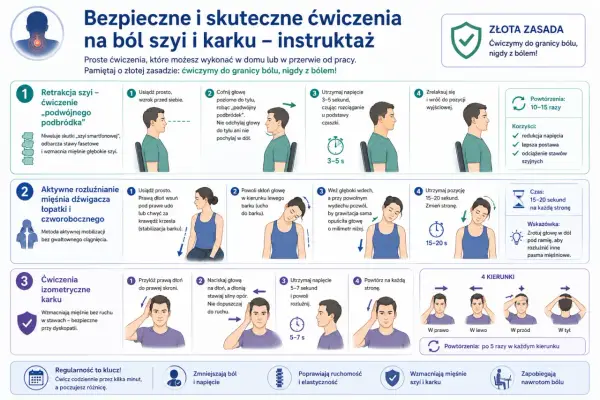 Ćwiczenia na ból szyi przy skręcaniu głowy: retrakcja, rozluźnianie mięśni, izometria. Pamiętaj: do granicy bólu, nigdy z bólem!