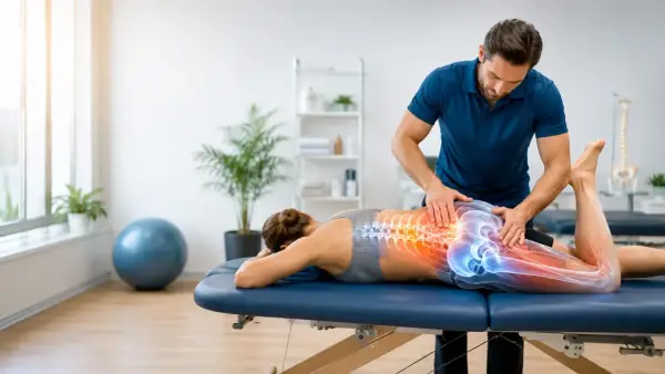Fizjoterapeuta wykonuje terapię manualną kręgosłupa. Częstotliwość zabiegów zależy od stanu pacjenta.